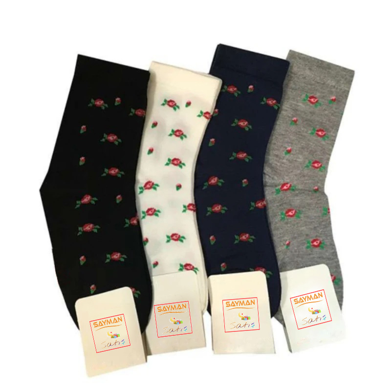 جوراب دخترانه (بچگانه) ساق بلند مدل قزل گول ( گل رز سرخ ) نخی بسته ی 4 جفتی با رنگ های کاربردی