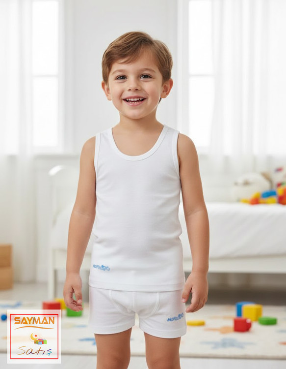 ست نخ پنبه زیرپوش رکابی و شورت سفید استخوانی پسرانه موپولو کد 0001