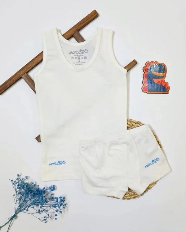 ست نخ پنبه زیرپوش رکابی و شورت سفید استخوانی پسرانه موپولو کد 0001