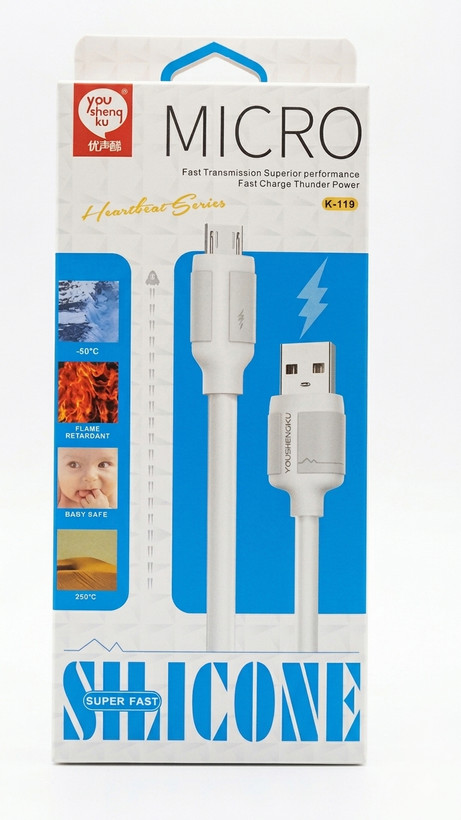 کابل شارژ Youshengku K119 (Micro to USB) میکرو ۶ آمپر سیلیکونی (Super Fast Charge) – مدل K-119 | مقاوم و ضد گرهخوردگی (تضمین کیفیت کالا)