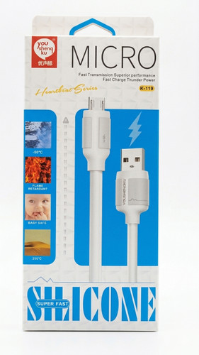 کابل شارژ Youshengku K119 (Micro to USB) میکرو 6 آمپر سیلیکونی (بسته ی 20 عددی-قیمت عمده) ۶ آمپر سیلیکونی (Super Fast Charge) | مقاوم و ضد گرهخوردگی (تضمین کیفیت کالا)