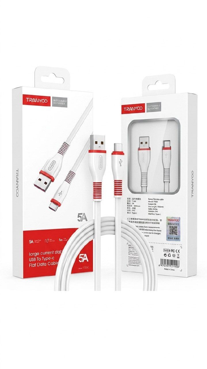 خرید کابل Tranyoo  کابل تخت ترانیو مدل Flat USB-A به USB-C | پشتیبانی از جریان ۵ آمپر برای شارژ ابرسریع و انتقال اطلاعات (تضمین کیفیت کالا)