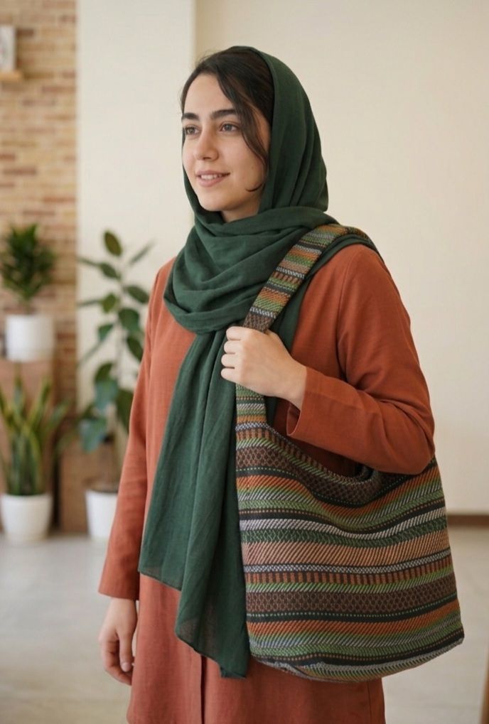 خرید کیف زنانه و دخترانه ی بافت طرح سنتی کد 04 سبز آجری